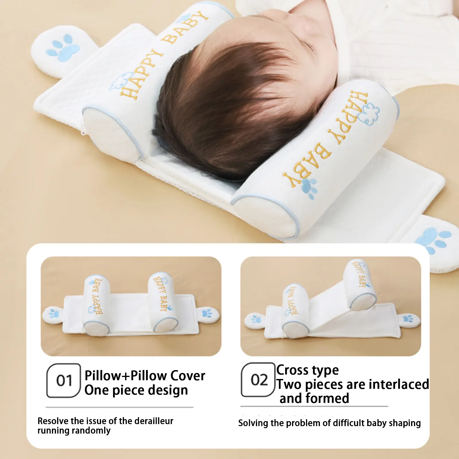 able Newborn Head Support Pillow to Prevent Flat Head- Cute "Happy Baby" Print Infant Flat Head Prevention Pillow, Soft Breathable Sleeping Pillow for Cribs & Strollers
