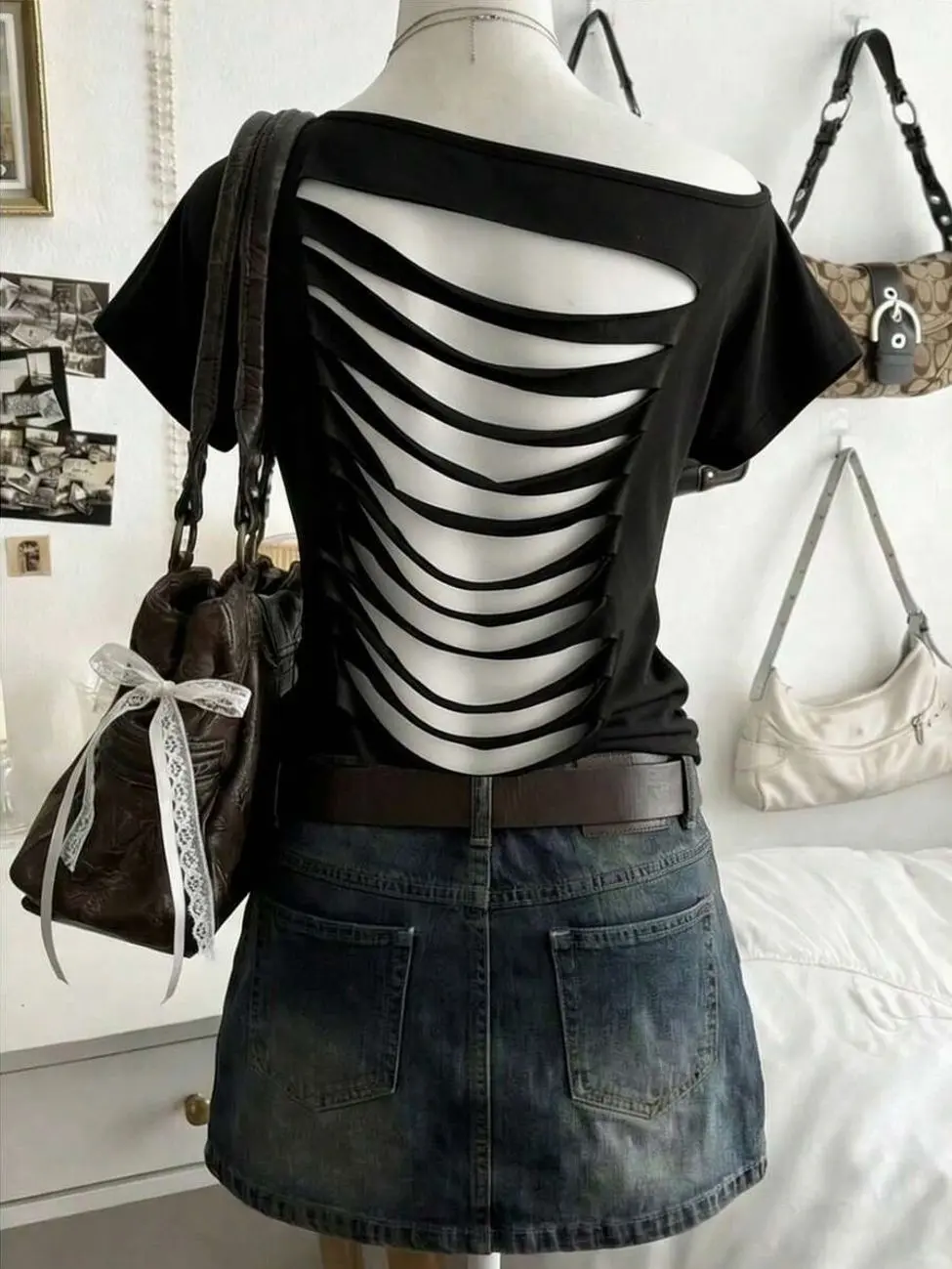 Women's Backless Cut Out T-Shirt Short Sleeve Off Shoulder Gothic Grunge Casual Top