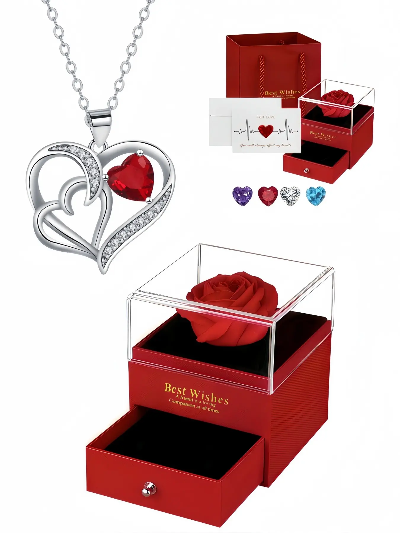 Intertwined Heart Sparkle Elegant premium gemstone necklace with interlocking heart design.Comes with a red preserved rose gift box.Ideal gift for birthdays, Mother's Day, Valentine's Day and Christmas.