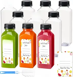 Juice Bottles with Caps 10Pcs 12oz, Plastic Bottleswith Caps, Clear Reusable Water Bottle, Used for Juicing Bottles, Smoothie Bottle, Juice Containers - with 10Pcs Labels & Bottle Brush Beverage Drink