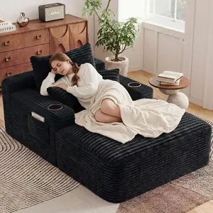 65" Oversized Chaise Lounge Chair Indoor, Boneless Chaise Lounge Chair with Cup Holders Side Pockets 3 Pillows, Cloud Corduroy Chaise Sofa Bed Sleeper Couches for Living Room No Assembly Require
