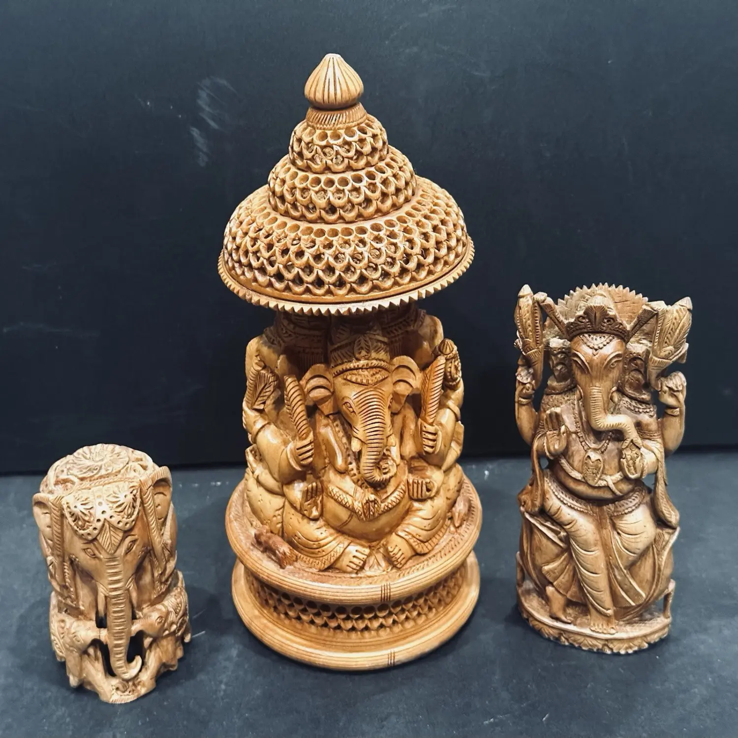 Wooden Three Face Ganesha Statues Figurine Hand Carved Home Decor- Set of 3
