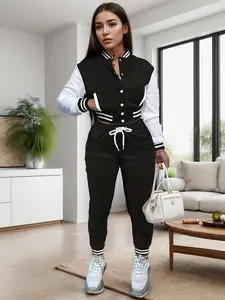 Two-piece Set Women's Colorblock Striped Print Button Front Jacket & Drawstring Waist Pants Set, Casual Baseball Collar Long Sleeve Pocket Outerwear & Jogger Trousers for Fall & Winter, Ladies Clothes for Daily Wear（gift）