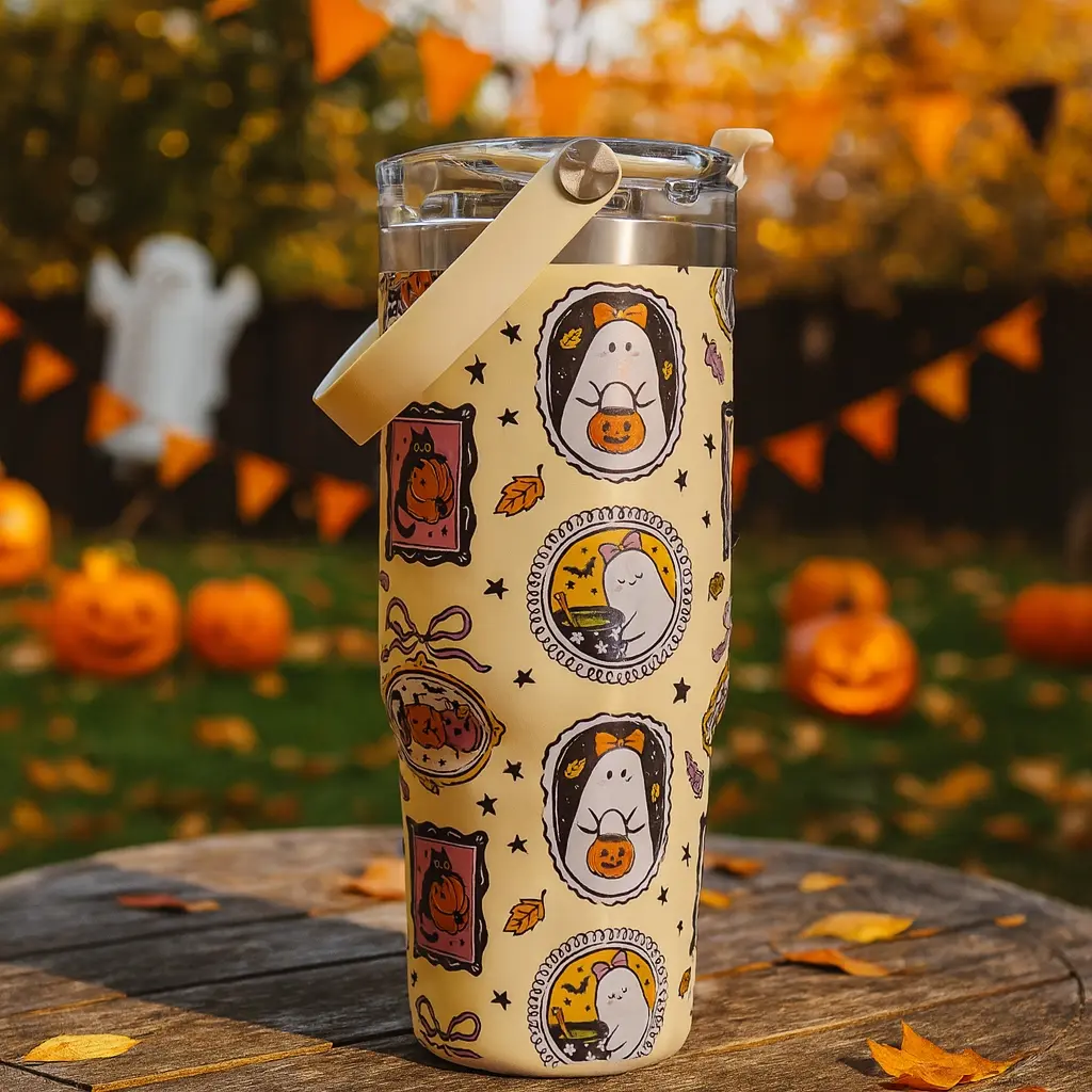 30oz Stainless Steel Tumbler, Insulated Drinkware, Insulated Drink Tumbler with Lid & Straw, Halloween Ghost & Pumpkin Design, Double Wall Vacuum Insulated Mug, Keep Hot 12H/Cold 24H, for Outdoor Sports, Car, Holiday Gift