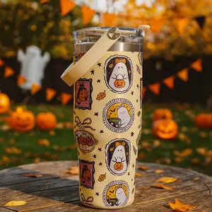 30oz Stainless Steel Tumbler with Lid & Straw, Halloween Ghost & Pumpkin Design, Double Wall Vacuum Insulated Mug, Keep Hot 12H/Cold 24H, Reusable Thermal Cup, Insulated Water Bottle for Outdoor Sports, Car, Unique Holiday Gift for Women/Friends