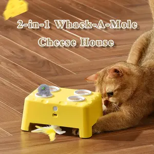 2-in-1 Cat Toys Interactive for Bored Indoor Cats, Automatic Electric Feather Cat Toy, 4 Holes Mole, Rotating Feather, USB Rechargeable