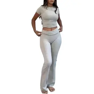 Women's 2 Piece Lounge Outfits Slim Short Sleeve Tops Low Rise Flare Leggings Sets Sweatsuit Clothes Womenswear