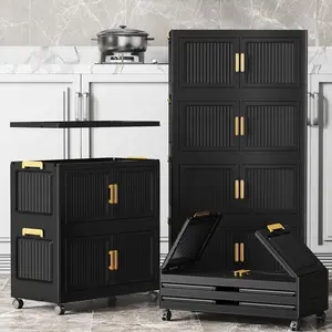 3/4/5 Tier Black Foldable Storage Cabinet with Doors & Lockable Wheels, Stackable Collapsible Plastic Pantry Organizer, Rolling Organizer, Multi-Tier Rolling Kitchen Storage Cart, Tool-Free Assembly Foldable Storage Organizer Multifunctional Bins