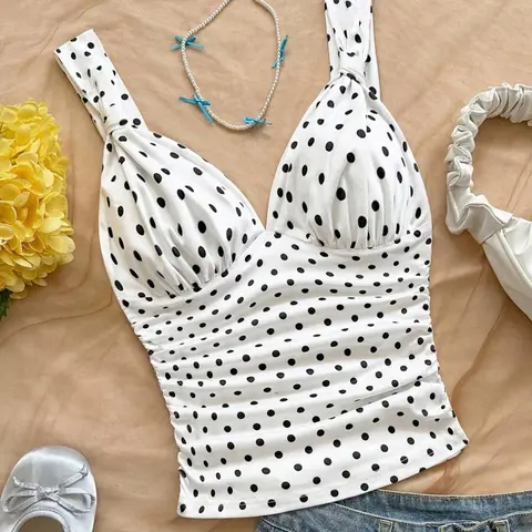 Women's Knitted Polka Dot Deep V Backless Lightweight Short Top, Sexy Elegant Ruched Slim Fit Sleeveless Casual Blouse, Casual Flattering Sleeveless Fitted Tops, Perfect for Vacation, Everyday & Daily Wear Womenswear