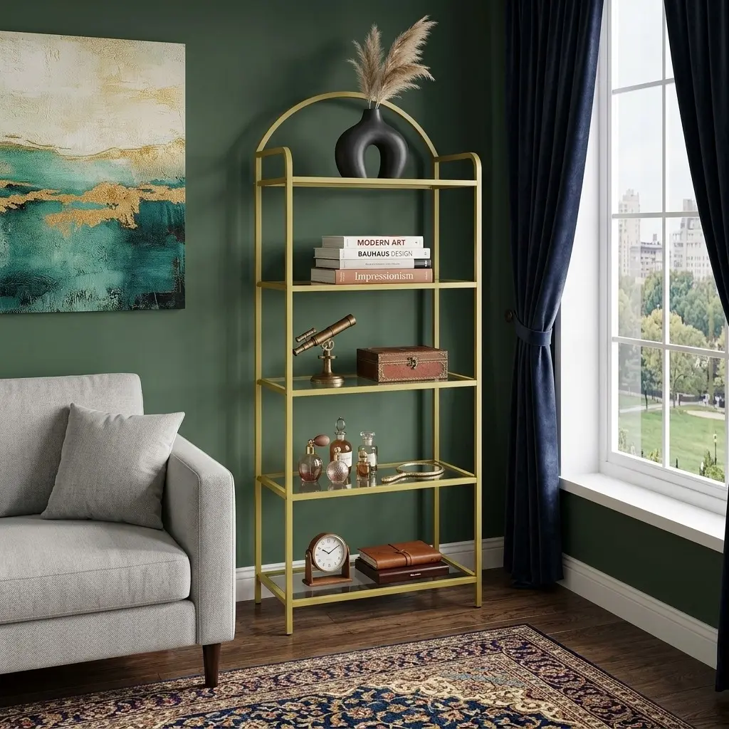 Tempered Glass Floor Bookshelf - Gold 5/6-Tier Slim Modern Bookcase with Metal Steel Frame, Book Nook Collectibles Shelf Organizer for Bedroom Home Office, Clean Aesthetic Small Room Ideas