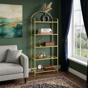 Modern Tempered Glass Bookshelf 5/6 Tier Gold, Slim Freestanding Bookcase Shelving Unit with Metal Steel Frame, Multifunctional Storage Display Rack for Bedroom Bathroom Home Office Living Room Home Decoration