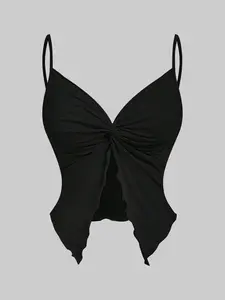 Youth black fungus edge solid color casual camisole top, suitable for spring, summer, autumn and winter, slim fitting, Fitted, comfortable and versatile, suitable for travel, play, gatherings, sports, music festivals, can be worn inside or outside, m