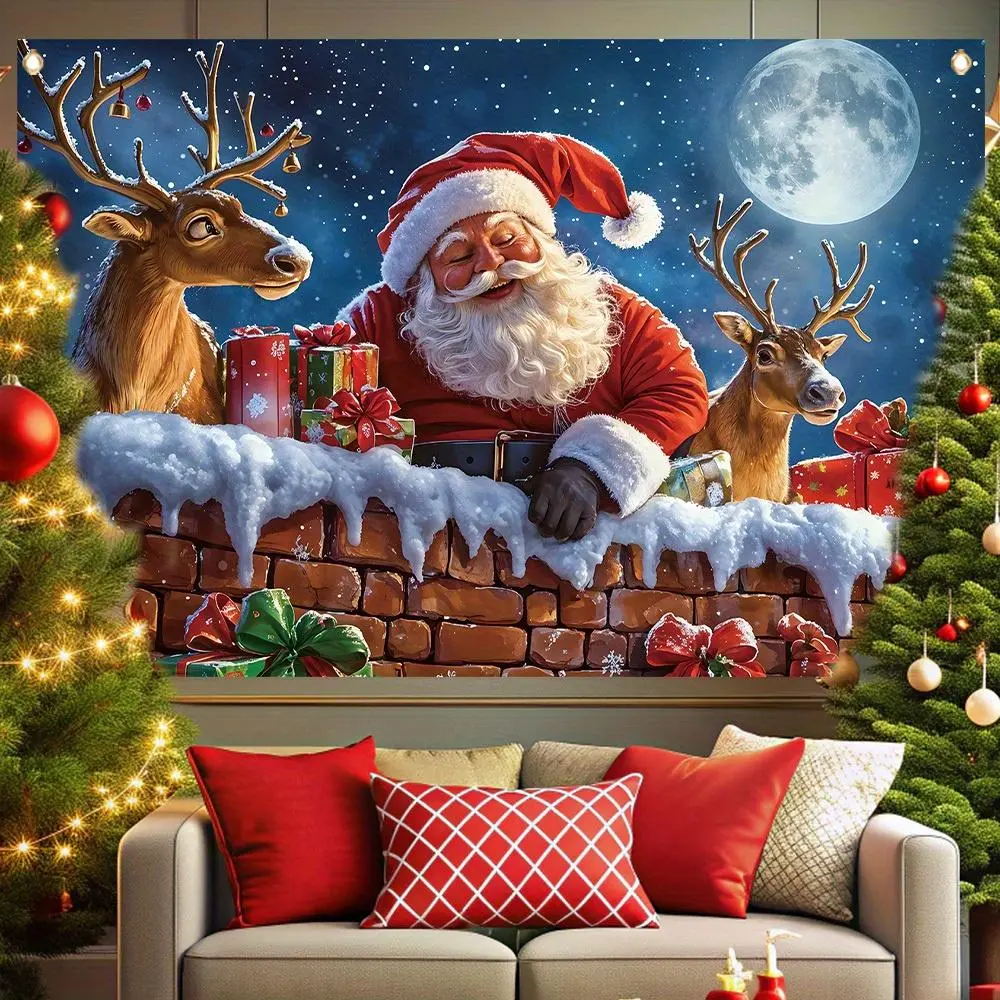 1-Piece Durable Polyester Flat 2D Santa Print Festive Look Christmas Banner, Wall Hanging Backdrop for Holiday Living Room, Home & Festive Party Decoration Supplies