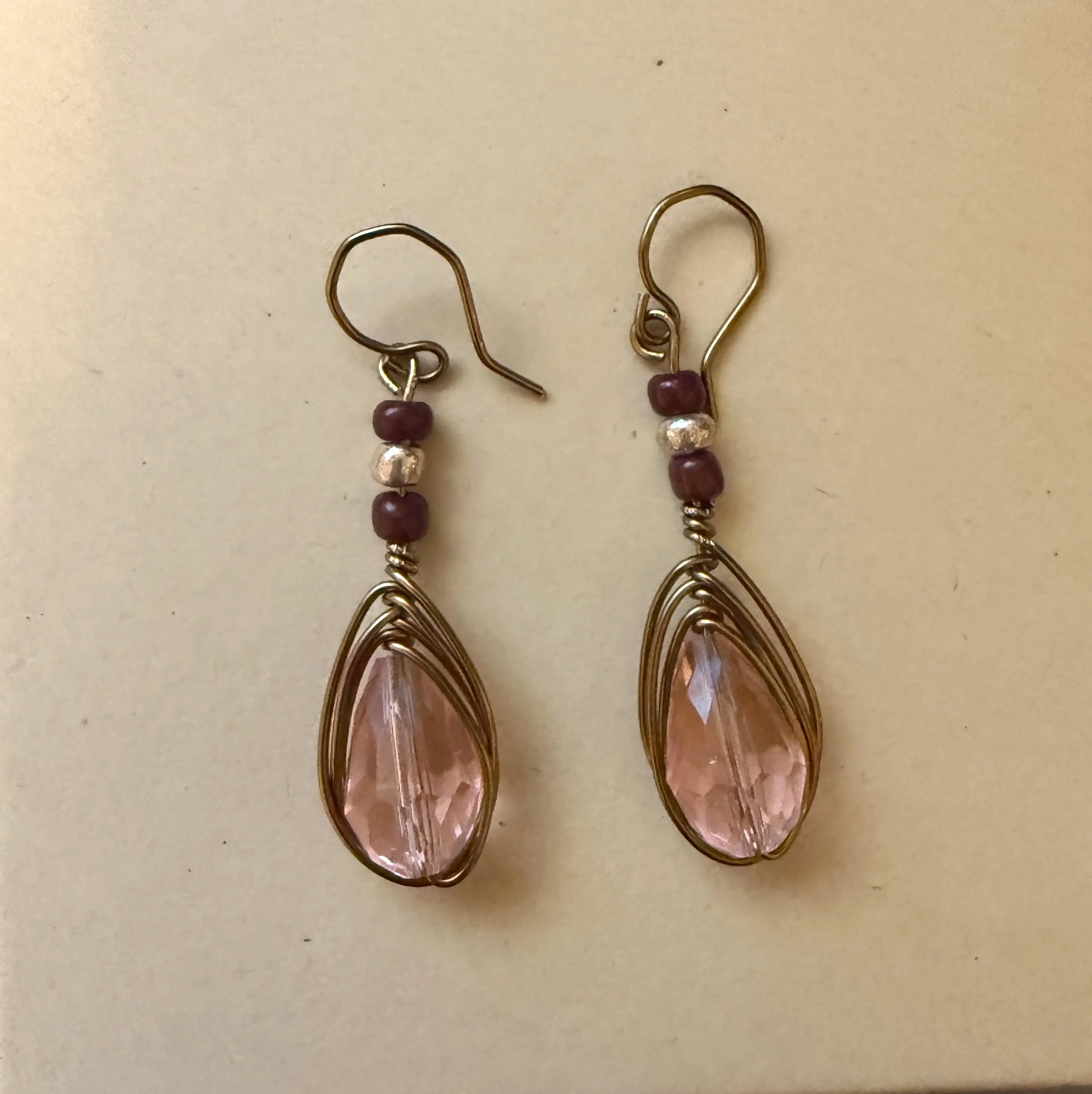 Handmade Pink Teardrop Wire-Wrapped Dangle Earrings with Beads, Boho Chic Vintage Jewelry for Women, Elegant Gift
