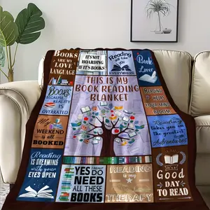 Slogan Element 1pc, Books, Bookshelves, This Is My Book Reading Blanket, Vintage, Patchwork Style, Soft And Warm Print Blanket, Great Holiday Gifts for Classmates, Friends, Family And Lovers for Naps, Camping, Travel,