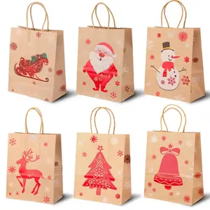 6 Christmas Tote Bags with Deer, Snowman, and Bell Patterns, Holiday Gift Packaging Bags, Party Table Decorations, and Photo Props
