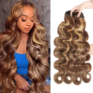 Gefily [16A]Ombre Highlight Body Wave Bundles Human Hair Honey Blonde 3 Bundles Human Hair 18 20 22 Inch Soft and Healthy 100% Unprocessed Brazilian Virgin Remy Hair Double Weft for Black Women p4-27