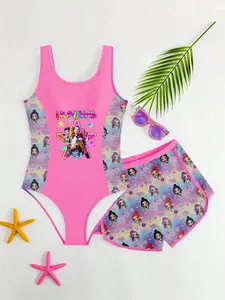 Girls' K-Pop Boho Style One-Piece Swimsuit Set, Starry Sky Print, Fitted Design, No Button or Zipper, Perfect for Beachwear