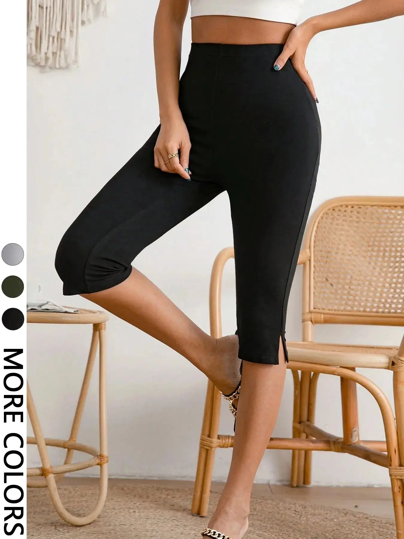 1 Piece High Waist Rise Side Split Capri Pants, Commuter Versatile Fitted Stretch Pants, Women, Stretchy