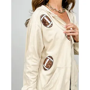 Zipper Front Hooded Jacket with Sequin Football Appliques