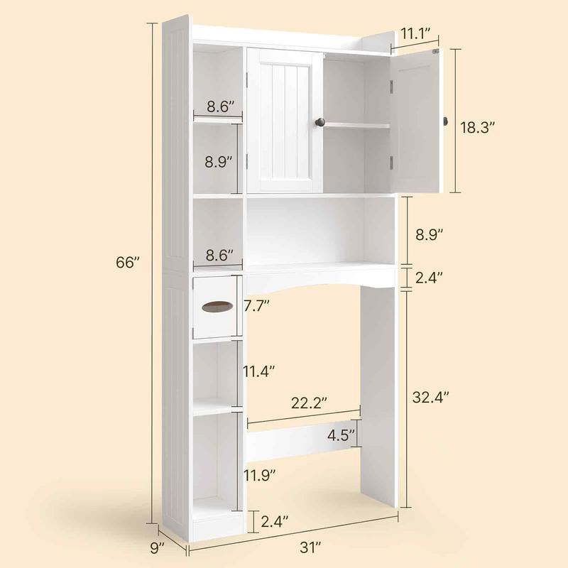 Gizoon Over The Toilet Storage Cabinet, 66''H Over Toilet Bathroom Organizer, Over Toilet Storage Cabinet with 2 Doors, Paper Holder and Racks, Adjustable Shelf, for Bathroom, Laundry, White