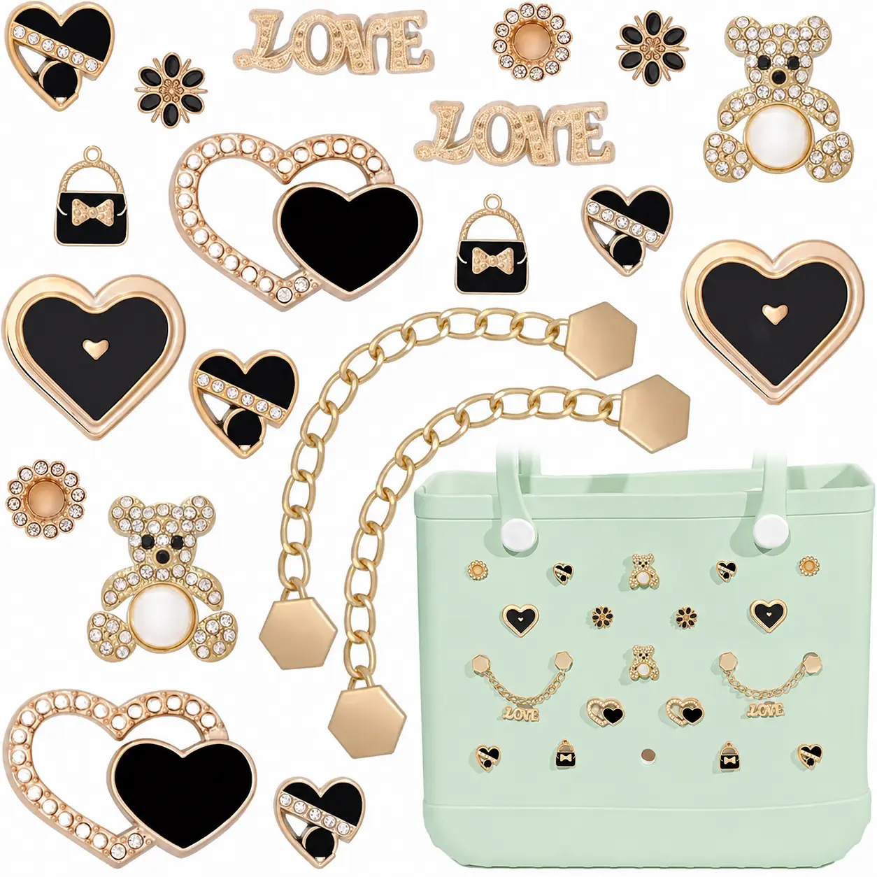 20PCS Black Gold Bear Bag Charms Set with 2 Chains, Heart, LOVE, Flower & Purse Decor for Rubber Totes, Beach, Pool & Travel