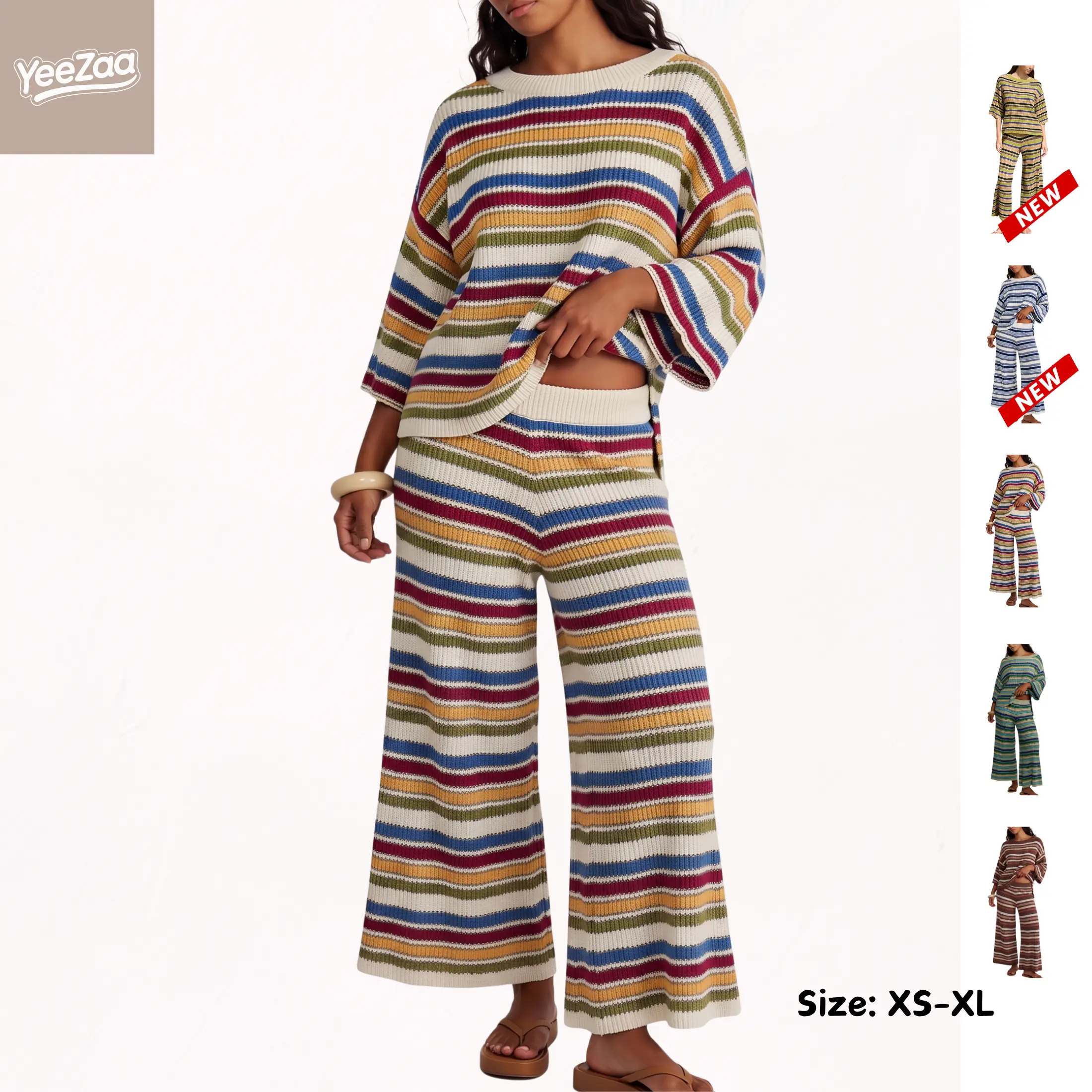 YeeZaa Striped Knit Sweater Set for Women 2 Piece multicolor stripe Crew Neck 3/4 Sleeve Loose Top Wide Leg Pants Oversized Fall Winter Casual Vacation Loungewear Matching Outfits