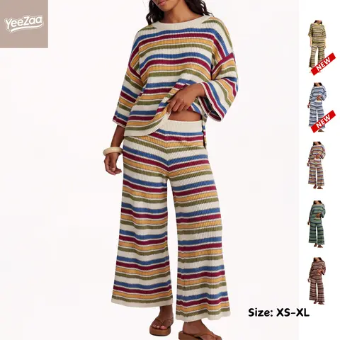 YeeZaa Striped Knit Sweater Set for Women 2 Piece multicolor stripe Crew Neck 3/4 Sleeve Loose Top Wide Leg Pants Oversized Fall Winter Casual Vacation Loungewear Matching Outfits
