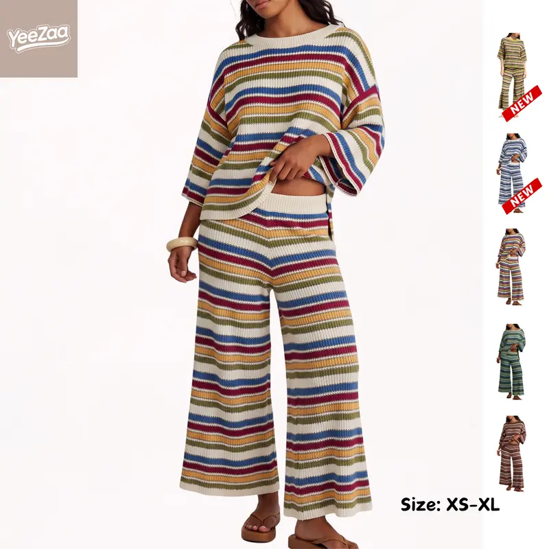 YeeZaa Striped Knit Sweater Set for Women 2 Piece multicolor stripe Crew Neck 3/4 Sleeve Loose Top Wide Leg Pants Oversized Fall Winter Casual Vacation Loungewear Matching Outfits