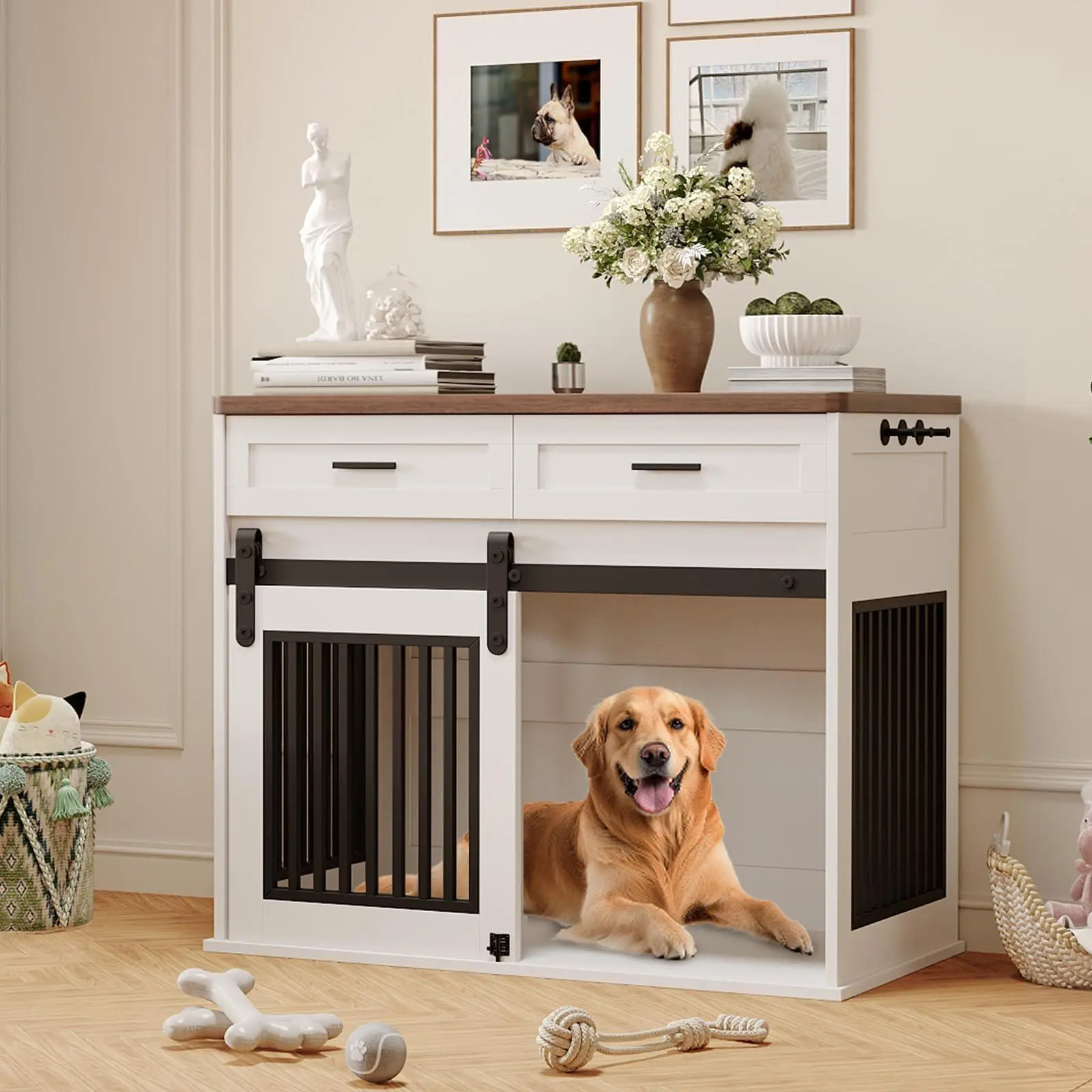 GARVEE 44.5in Heavy Duty Wooden Dog Crate Furniture with Hook, Storage Drawers, Sliding Barn Doors & Sturdy Base - Indoor Decorative Pet House End Side Table TV Stand for Small/Medium Dogs, White