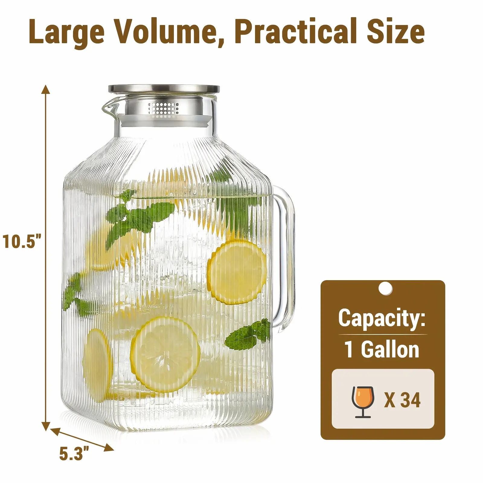 1 Pack 1-Gallon Thick Square Borosilicate Glass Pitcher with Lid & Handle, Classic Stripes Fridge Carafe for Hot-Cold Brew Iced Tea, Coffee, Juice Beverage Drinkware