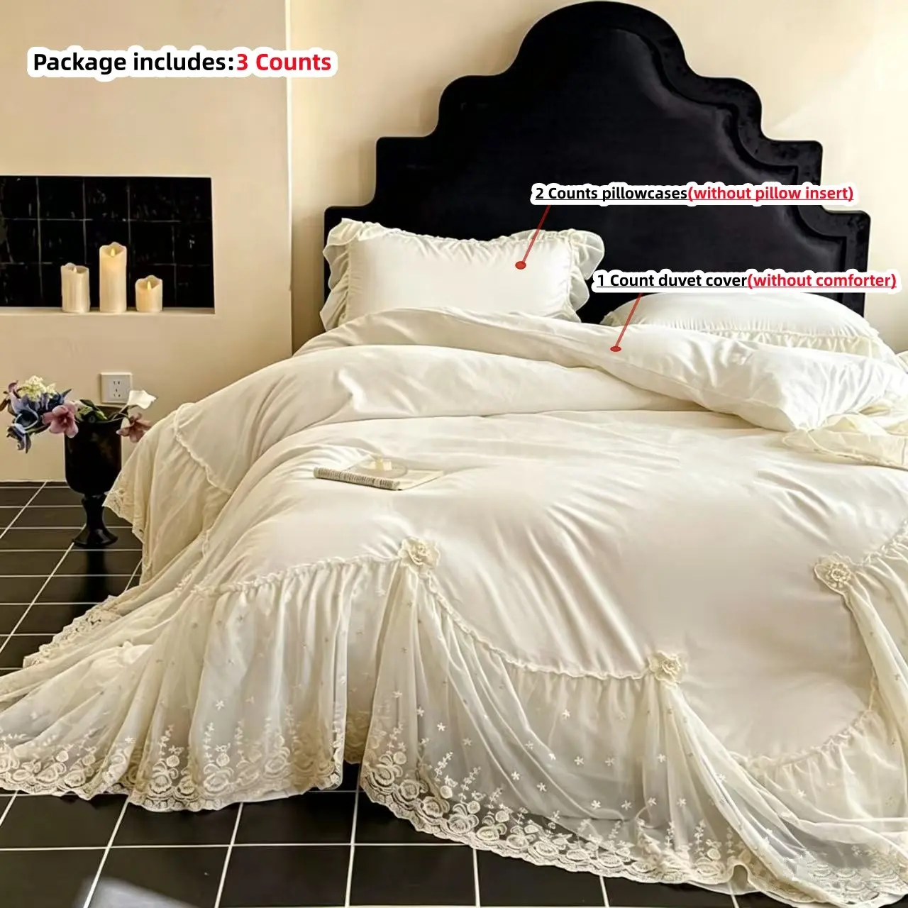 Princess Style Lace Bedding Set, 3pcs Includes 1 Ruffled Duvet Cover and 2 Pillowcases, Soft Fabric, Zipper Design, All Seasons, Soft Bedding Sets, Decorative Bedding Set, Bedset, Theme Bedding Set
