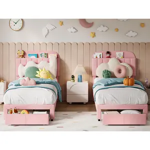 Set of 2 Twin Bed Frame for Kids - Light Pink Velvet Upholstered Platform Bed with Storage Bookcase Headboard & Large Drawer, Girls Bed, Noise-Free, No Box Spring Needed, Easy Assembly