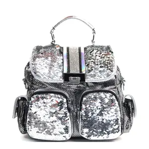 Silver Sequins Backpack Handbag PU Leather
