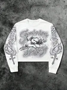 Men's Graphic Sweatshirt with Letter and Cross Print, Loose-Fitting Fall & Winter Pullover, Casual Angel Design Long Sleeve Top