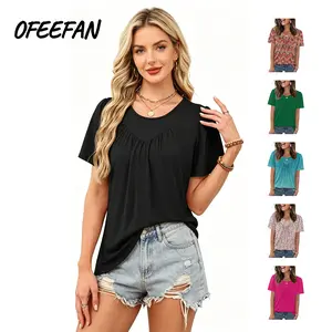 OFEEFAN Womens Summer Tops Trendy Short Sleeve T Shirts Pleated Crewneck Tees Blouses Dressy Casual Outfits Fashion Clothing