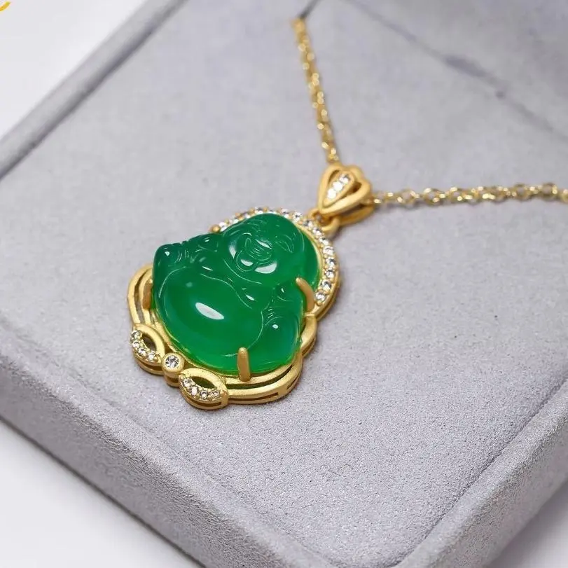Happy Buddha Pendant Necklace 925 Silver-Hotei-Green-Gold-Jewelry-Fast Shipping