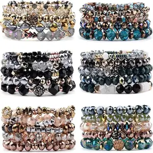 Bohemian Beaded Stackable Bracelets for Women - 6 Sets Stretch Multilayered Multicolor Glass Bead Bangles Fashionable Aesthetic Jewelry Gift
