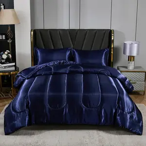 Comforter Set King Silk Like Bedding Set Luxury Hotel Bed Home Deocr Navy Blue Soft Down Comforter Set