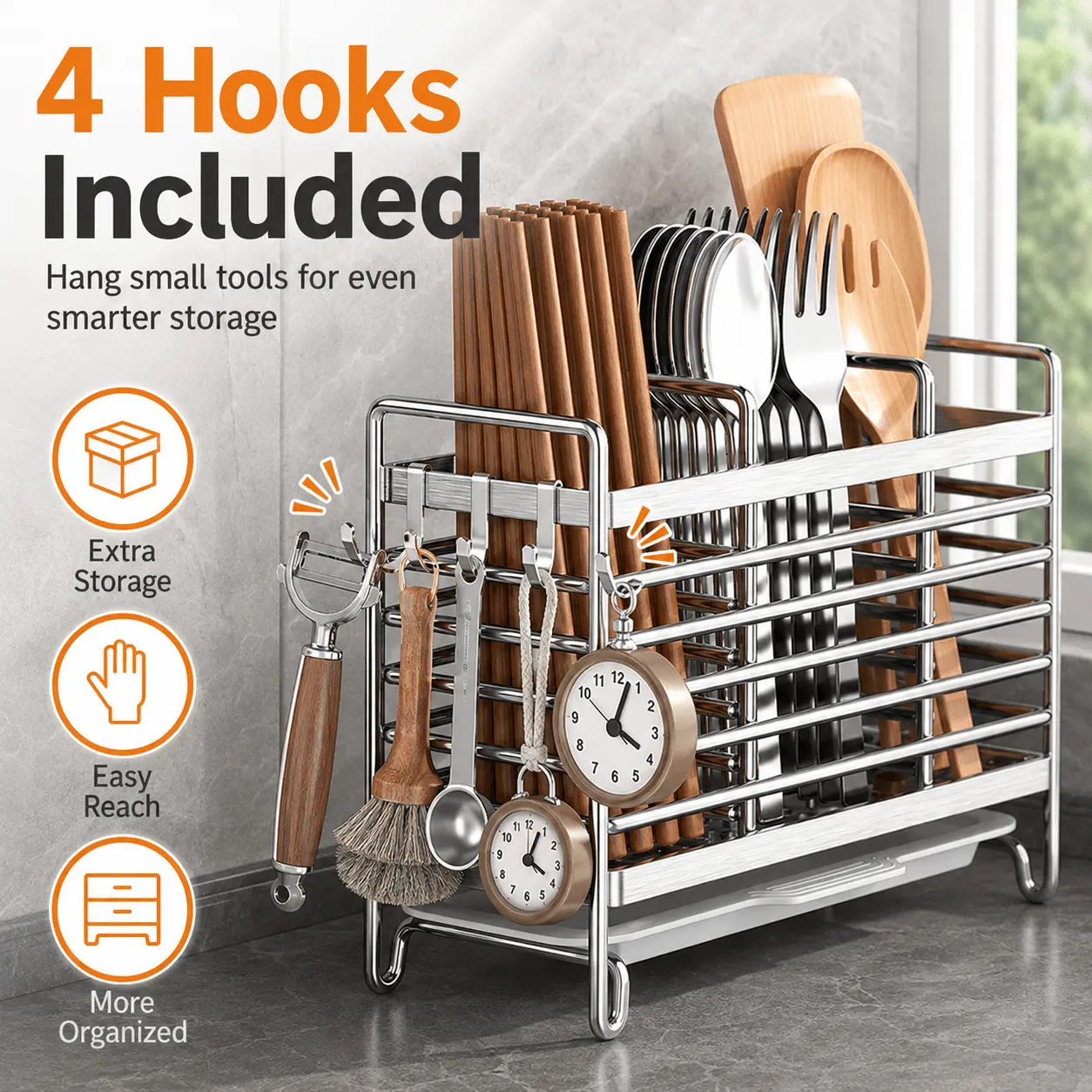 2/3 grid stainless steel chopstick holders, utensil storage rack suitable for kitchen countertops, with draining board, and a free 4 hooks for placing chopsticks and knives