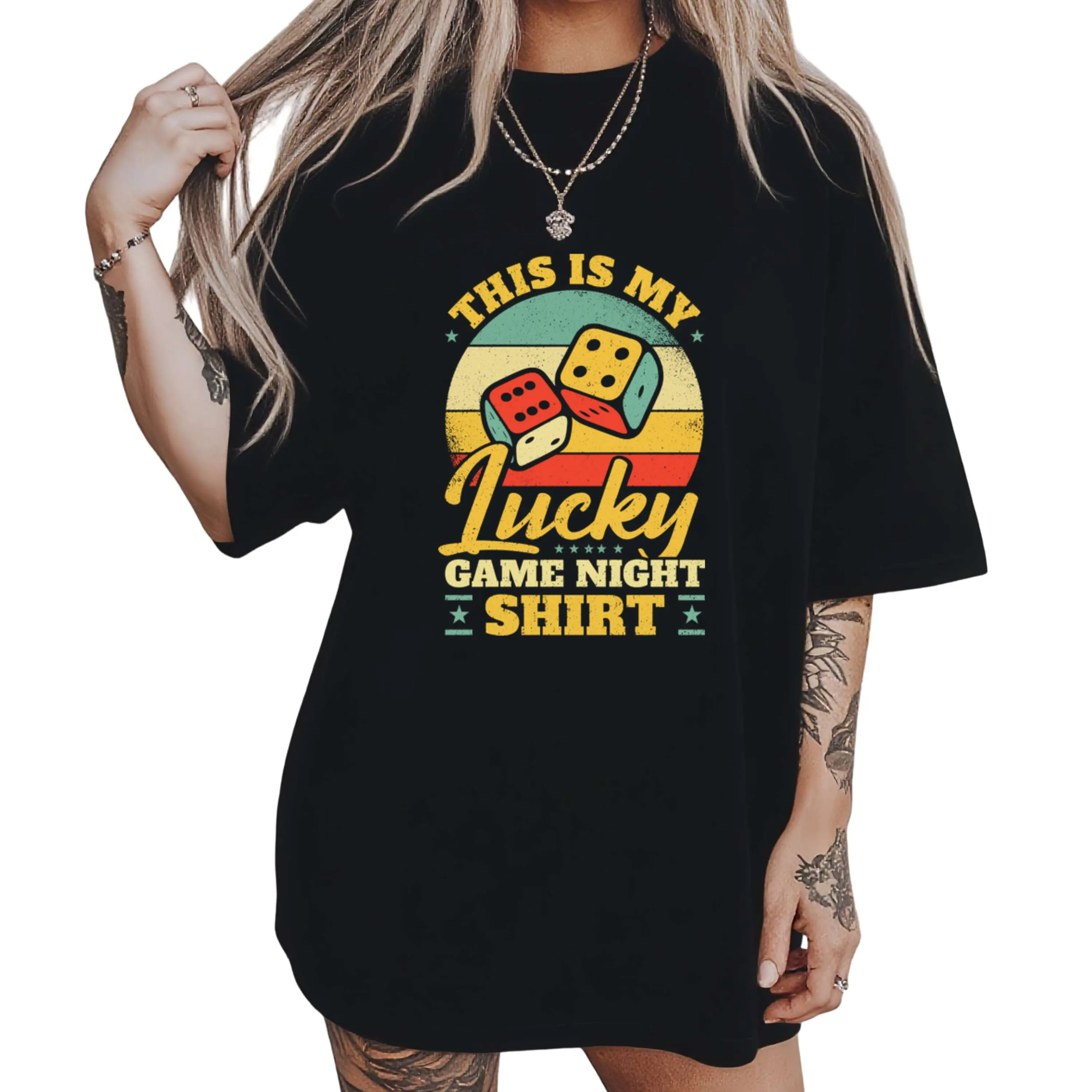 Men's & Women's Lucky Board Game Night T-Shirt - Retro 70s/80s Vintage Design with Dice & Lucky Shirt Print - Cotton Tee for Game Hosts, Party Favors & Casual Wear - All-Season Fit