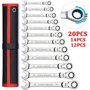 12//14/20Pcs Ratcheting Wrench Set, Flex Head Combination Wrench Set, SAE 1/4-3/4"& Metric 6-19Mm, 72-Teeth, Cr-V Steel Ratchet Set with Storage Bag, for Motorcycle Bike Car Mechanical Garage Repair