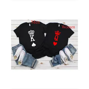 Pair of King and Queen of Spades and Hearts T-shirts | Couple Outfit, Material, Round Neck, Short Sleeve, Casual Style, All-Season Knitted Fabric, Fitted Fit
