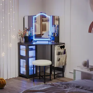 Vlsrka Corner Makeup Vanity Desk with Mirror and Lights, 44" Dressing Table with Charging Station, Makeup Table with Stool, Storage Cabinet and Adjustable Shelf, Bedroom Vanity for Girls Women