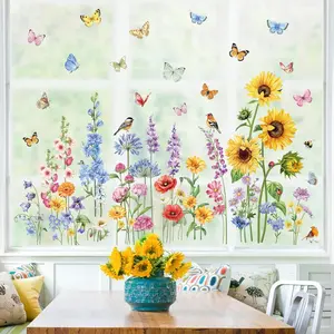 Spring Summer Garden Flower Double Sided Window Clings Wildflower Sunflower Butterflies Floral Anti- Glass Doors Window Stickers Decals