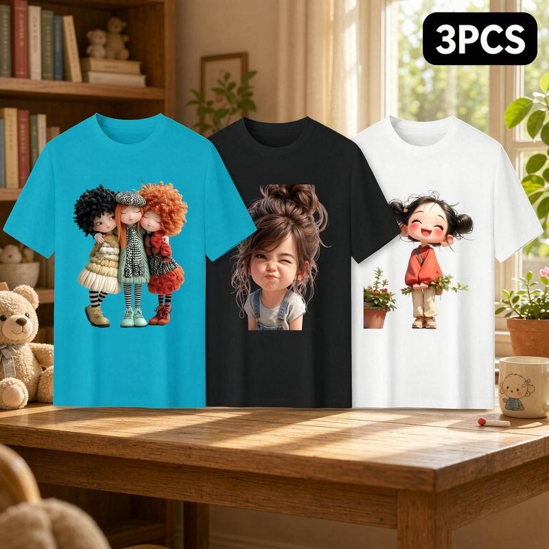 Women's Plus Size Cotton T-Shirts 3-Pack, Casual Comfortable Short-Sleeve Tops for Women with Cute Chibi Kawaii Cartoon Girl Graphics