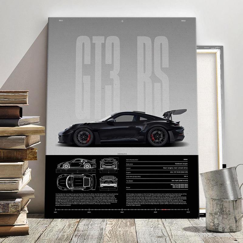 Wooden Framed GT3 RS Canvas Painting High Performance Modern Art Poster for Living Room Bedroom Office Mural Waterproof Finish Gift for Car Enthusiasts