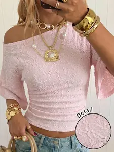 Pink Lace Off Shoulder Top Y2K Fairycore Blouse Shirts Slim Fit Stretch Knit Tee Cute Coquette Streetwear Going Out Top Soft Breathable Textured Fabric Trendy Summer Outfit for Women Viral TikTok Fashion