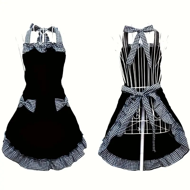 Adjustable Apron with Straps, Checkered Knot Design, Ideal for Home Cleaning, Kitchen Cooking, Baking, Gardening, Restaurant Workwear, Kitchen Aprons