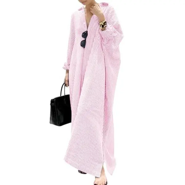 Chouyatou Women's Casual Long Sleeve Button Down Loose Striped Cotton Maxi Shirt Dress Grey Caftan Comfy Basic Batwing Sleeves Breathable Lightweight Beach Clothes Womenswear Bikini Elegant Fit